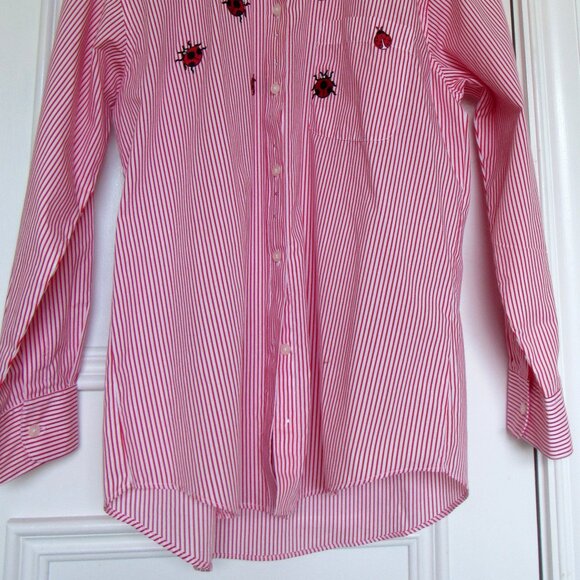 Las Olas Women’s Red White M Shirt Ladybug Embroidery Bling Button Pinstripe - Picture 10 of 10